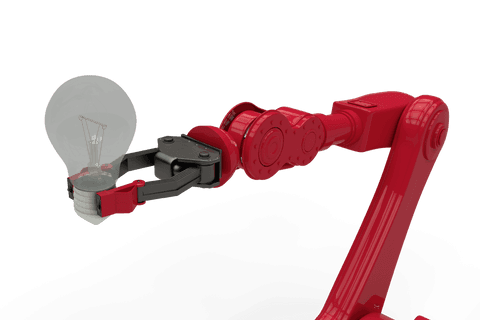 Red Robotic Arm with Lightbulb, Transparent Background Concept