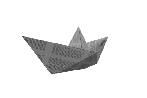 Transparent origami paper boat with textured newspaper design