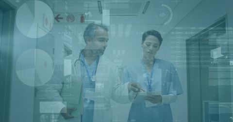 Doctors Analyzing Medical Data Overlay in Hospital Corridor - Download Free Stock Images Pikwizard.com