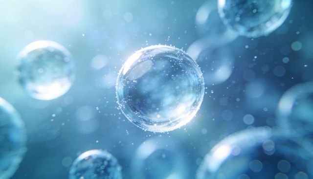 Floating luminescent bubbles in blue water with soft bokeh, sparkling halo refraction