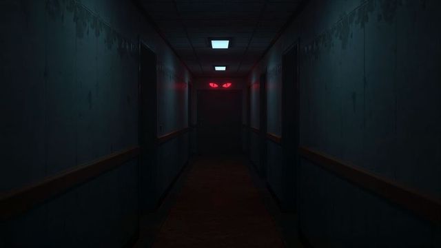 Eerie corridor with glowing red eyes menace