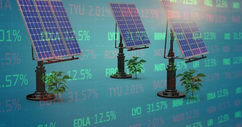 Solar Power Panels with Green Economy Financial Data Display