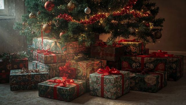 Cozy Christmas tree glowing with warm lights and stacked wrapped gifts beneath branches