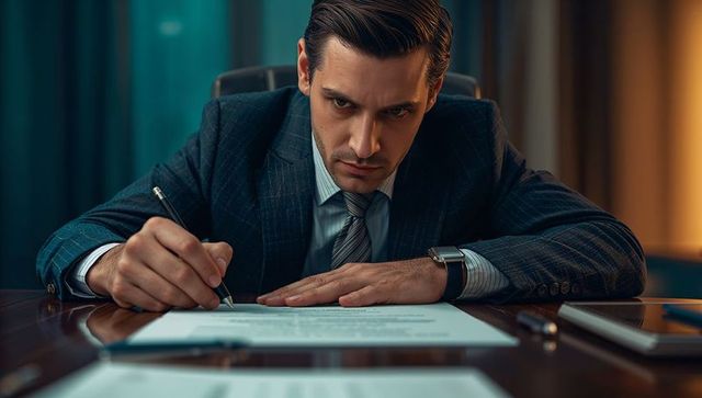 Businessman in pinstriped suit signing contract at office desk