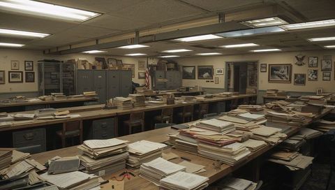 Overflowing historic records room with manila folder stacks on long wooden tables