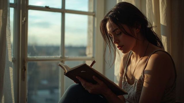 Young woman reading hardcover journal by window during golden hour, cozy contemplative mood