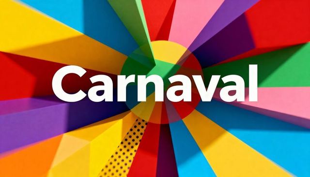 Bold carnaval typography over vibrant radial paper burst with polka dot accent and shadows