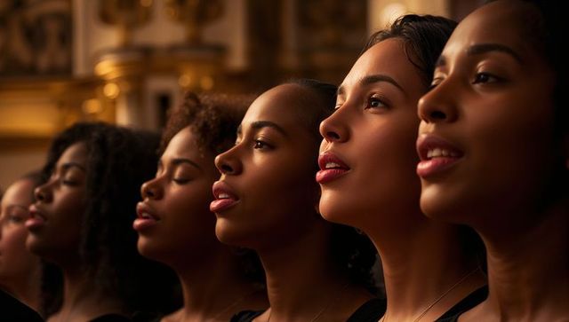 Singing choir in gilded concert hall performing in profile with warm cinematic lighting
