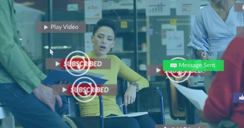 Digital interface icons overlaying office work discussion