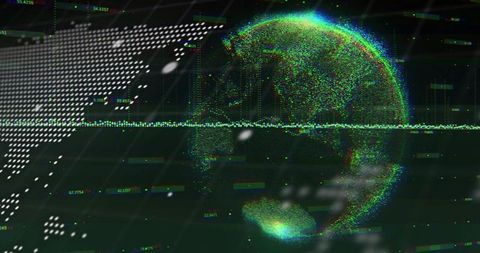 Rotating neon particle globe with RGB point cloud, glitch HUD and dotted world map