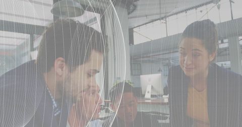 Diverse Team Collaborating with Digital Interface Overlay