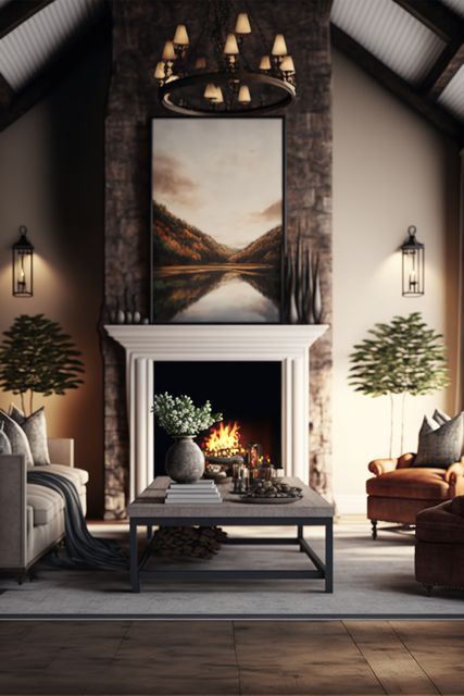 Living room with table, plants and fireplace, created using generative ai technology. Eclectic style house interior decor concept digitally generated image.