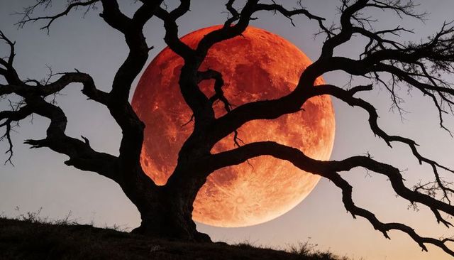 Gnarled tree silhouetting giant blood moon on twilight ridge, dramatic lunar landscape