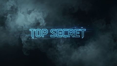 Glowing top secret holographic text hovering in cyberpunk smoke with neon cyan glitch
