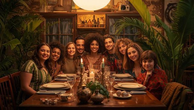 Diverse Group of Friends Enjoying Cozy Dinner Party Gathering