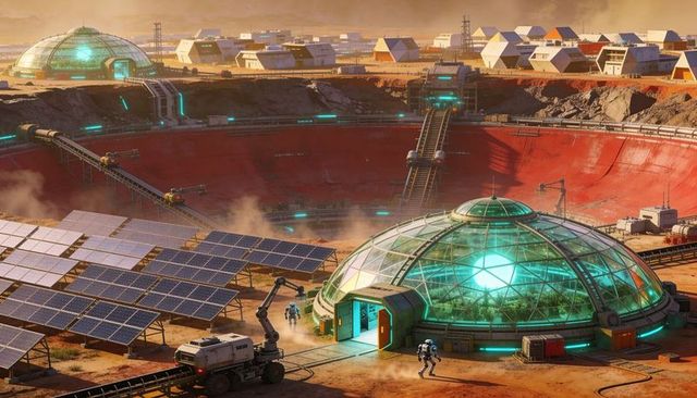 Glowing geodesic greenhouse housing plants on martian colony with solar array and rover