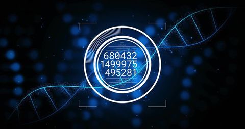 Futuristic dna data hud displaying ringed readouts, progress arc and neon blue visualization
