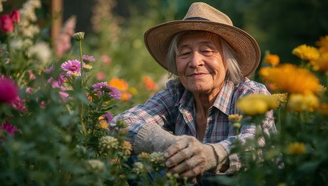 Senior asian woman tending sunlit flower garden wearing straw hat and plaid shirt