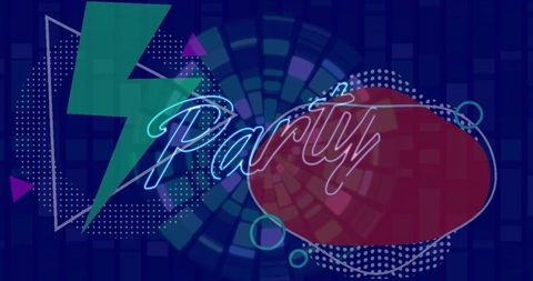 Glowing neon party sign overlaying red oval on vibrant retro geometric disco poster