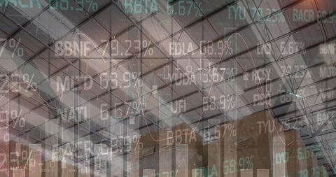 Financial Data Overlaid on Empty Warehouse Interior