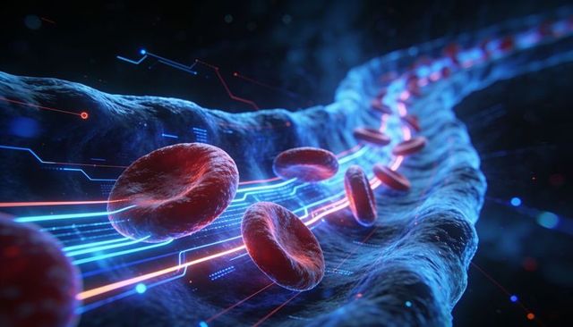 Streaming neon-lit red blood cells flowing through microvessel with circuit-like trails