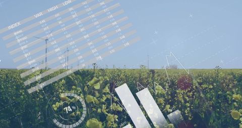 Smart farming technology over lush green crop field