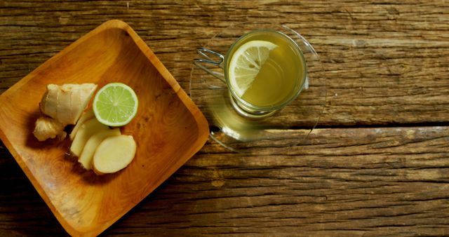 Lemon ginger tea, freshly made with sliced ginger and a lime slice, is on a rustic wooden table. Perfect for illustrating healthy living, wellness blogs, beverage recipes, and natural remedies. The warm tones and natural textures also make it suitable for food and drink photography.