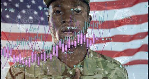 Soldier Honoring Flag Amid Modern Digital Innovation Overlay