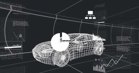 Wireframe Sedan Rotating in Virtual Grid with Data Visualization and Analytics Overlay