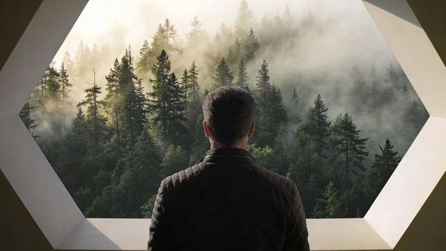 Man standing at hexagonal tower window gazing into misty evergreen forest for solitude