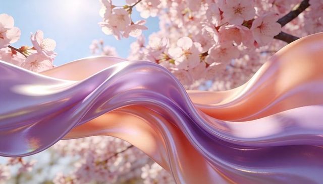 Flowing iridescent satin ribbon across cherry blossom garden with pastel pearlescent light