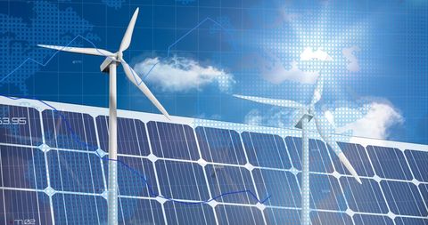 Financial data overlay on solar panels and wind turbines