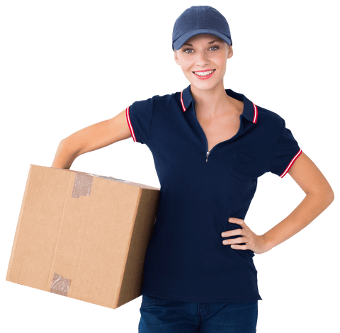 Transparent smiling courier woman carrying package delivery service