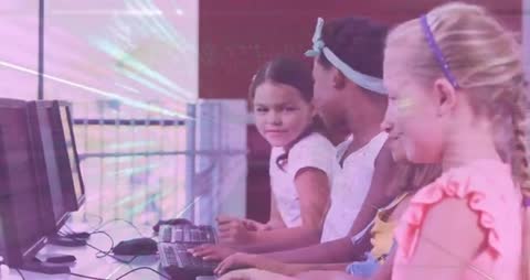 Diverse Group of Children Collaborating in Technology Classroom