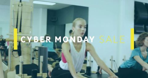 Cyber monday pilates reformer class promoting studio sale featuring woman training