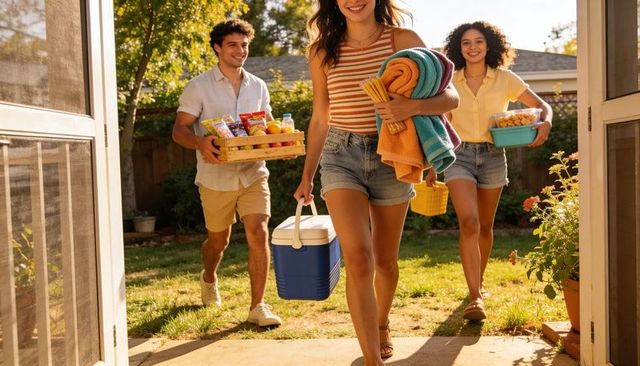 Group of friends carrying cooler towels and picnic supplies into sunny backyard for summer