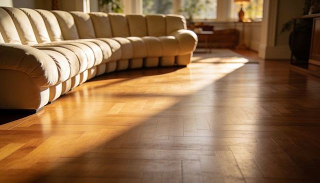 Curved cream sectional sofa on sunlit parquet floor minimalist modern living room interior