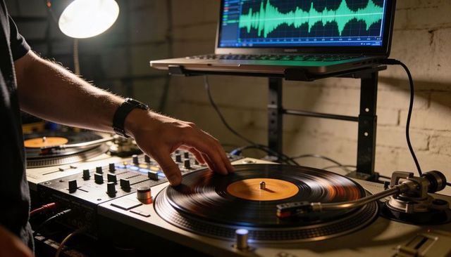 Dj scratching vinyl turntable with laptop waveform mixer in intimate studio lighting