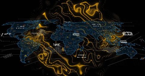 Visualizing Global Cyber Network HUD with Neon Blue Map and Golden Data Streams