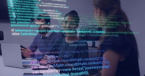 Female Leader Presenting Code Review to Team in Modern Office with Software Code Overlay