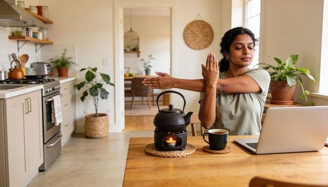 Indian woman stretching while working from home in sunlit cozy kitchen with laptop and tea