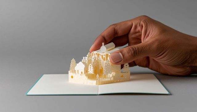 Adjusting adult hand lifting delicate paper pop-up village diorama on turquoise border greeting card