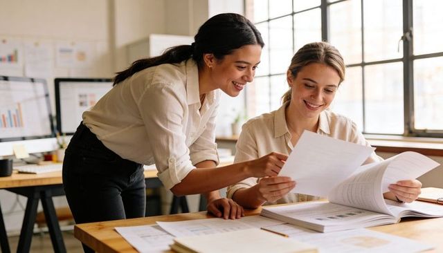 Two colleagues collaborating over reports in bright modern office