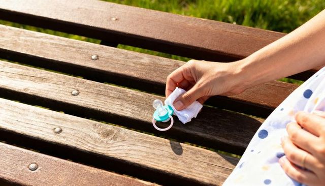 Pregnant woman resting hand on belly holding pacifier on sunlit wooden park bench