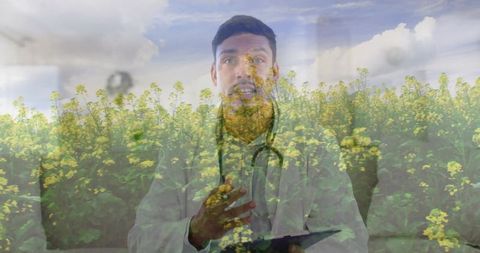 Doctor speaking over canola field double exposure blending healthcare and rural nature