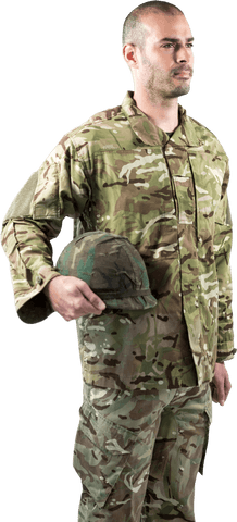 Transparent confident soldier holding military helmet