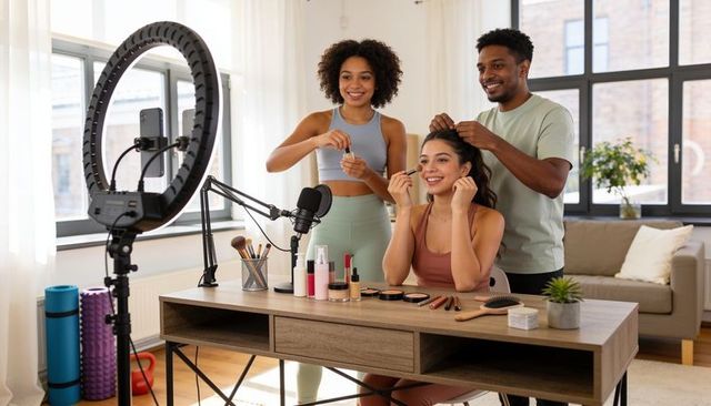 Trio creating beauty content filming makeup tutorial with ring light in sunlit apartment studio