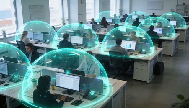 Open-plan office workers working under augmented reality privacy domes for collaboration
