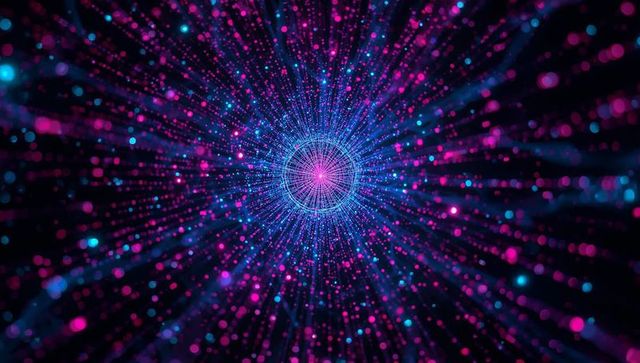 Radiating neon data orb streaming magenta cyan particles through digital tunnel