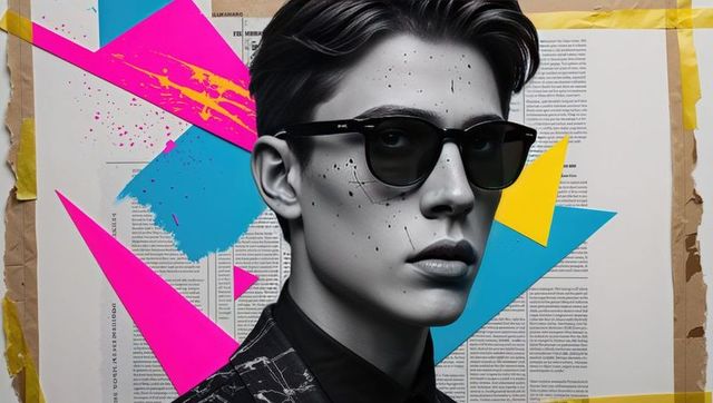 Trendy Model in Abstract Backdrop Featuring Mixed Media Creativity